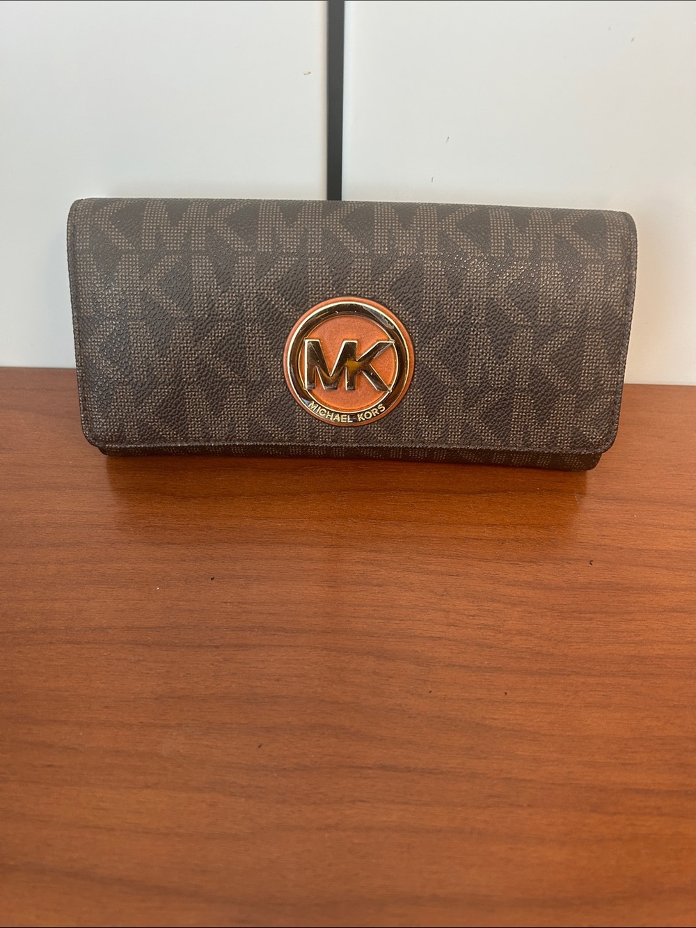 Michael Kors Dark Brown MK Logo Continental Wallet with Gold Accent